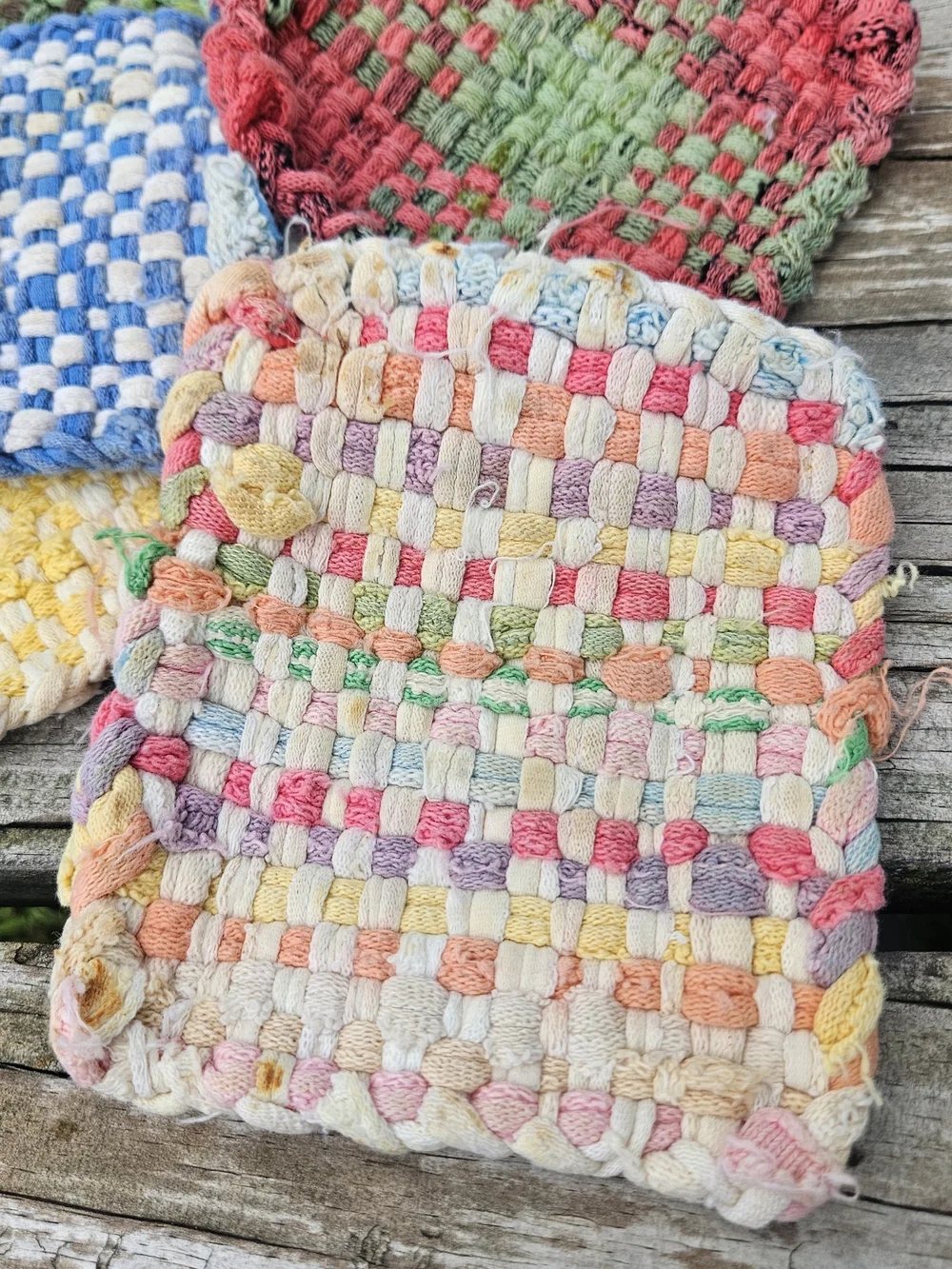 Colorful Handmade Woven Potholders and Hot Pads Made from Cotton Jersey Loops